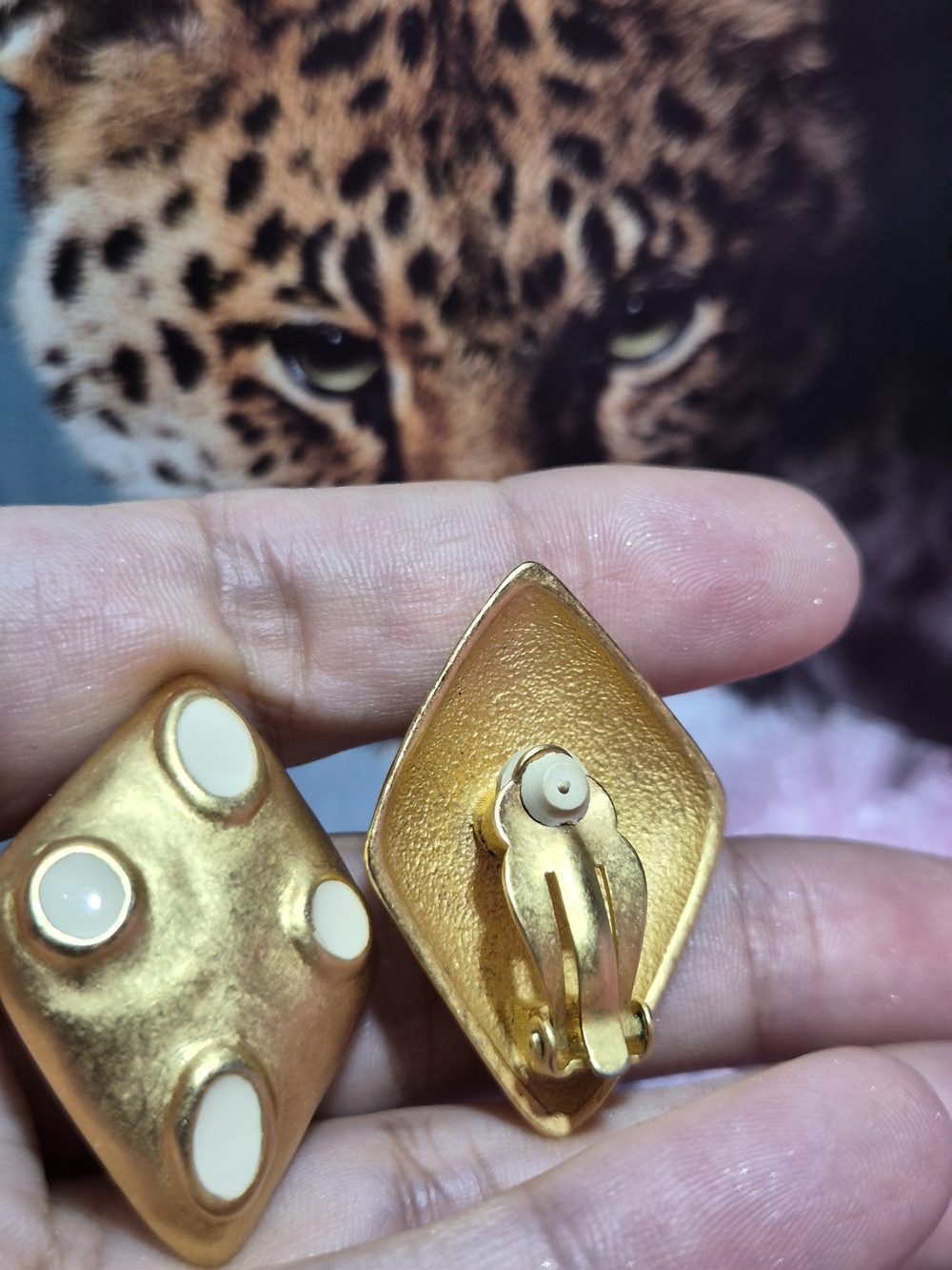 Vintage Matte Gold and Cream Geometric Dome Earrings